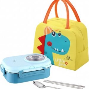 Kids Bento Lunch Box with Bag – Leakproof Stainless Steel Bento Box for School, 3 Compartments, Soup Bowl, Spoon & Chopsticks, Lunchbox Set for Girls & Boys (Blue)