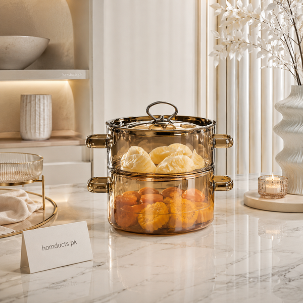 Luxury Amber Glass Steamer Pot Set with Lid – Heat Resistant Multi Layer Cooking Pot